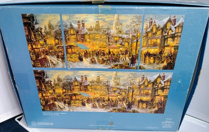 Jigsaw puzzle box with winter village scene on a blue background