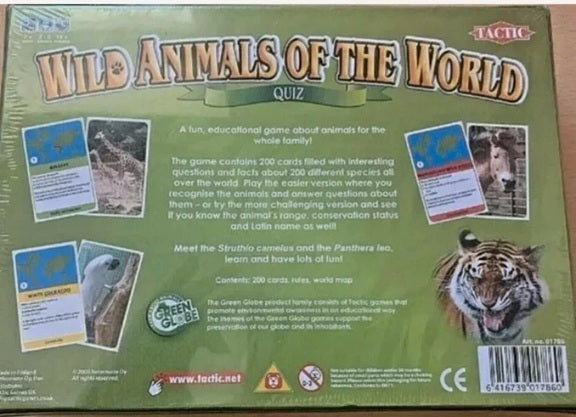 Box of 'Wild Animals of the World' quiz game with tiger illustration and text.