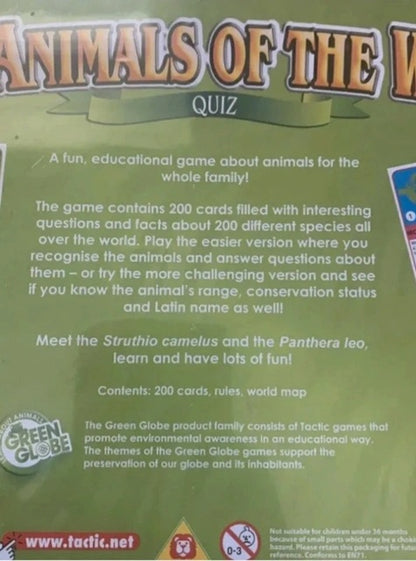 Back of a game box for 'Animals of the World Quiz' with text and branding.