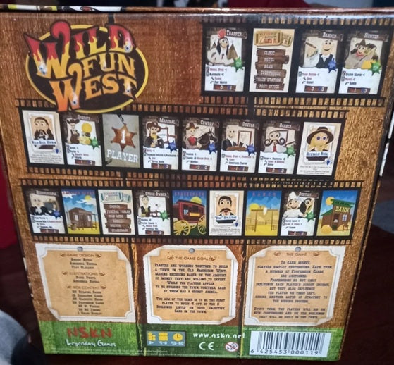 Board game box for 'Wild Fun West' with character illustrations and game rules.
