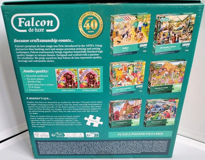 Back of a Falcon de luxe puzzle packaging with images of puzzles and branding details.
