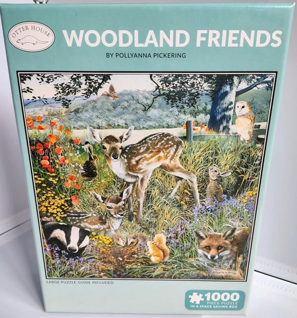 Woodland animals including deer, fox, badger, rabbits and birds in a colourful forest scene from a 1000 piece jigsaw puzzle.